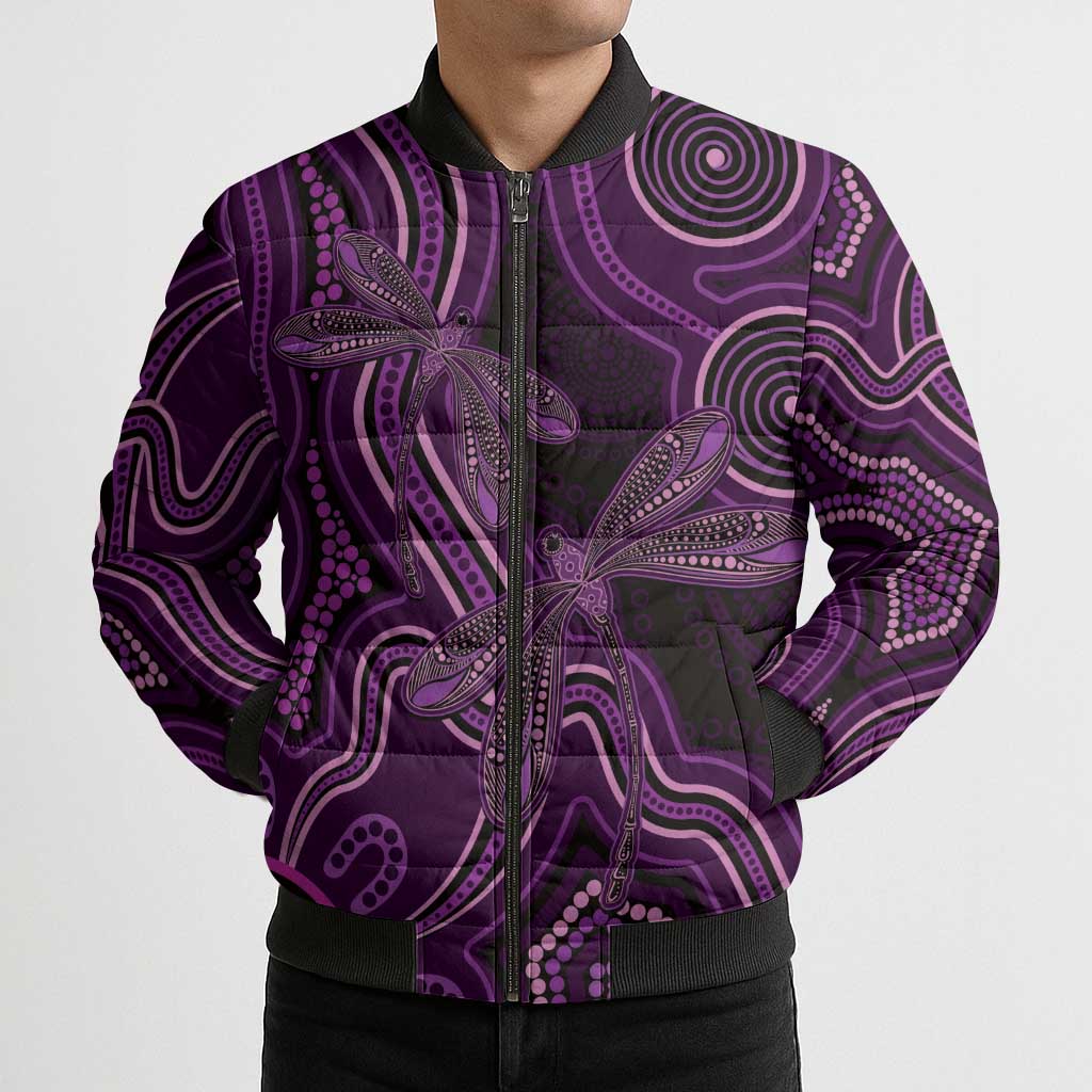 Purple Indigenous Dragonfly Australia Bomber Puffer Jacket Aboriginal Art - Aussie Hoodie