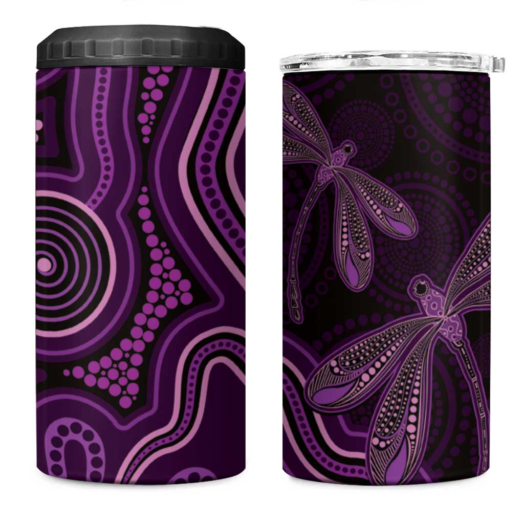 Purple Indigenous Dragonfly Australia 4 in 1 Can Cooler Tumbler Aboriginal Art - Aussie Hoodie