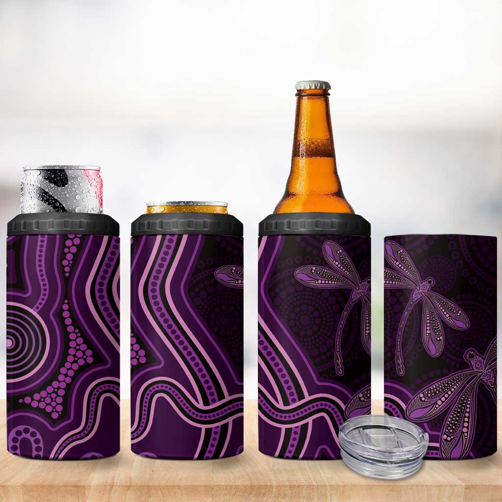 Purple Indigenous Dragonfly Australia 4 in 1 Can Cooler Tumbler Aboriginal Art - Aussie Hoodie