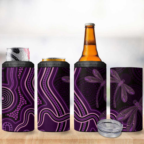 Purple Indigenous Dragonfly Australia 4 in 1 Can Cooler Tumbler Aboriginal Art - Aussie Hoodie
