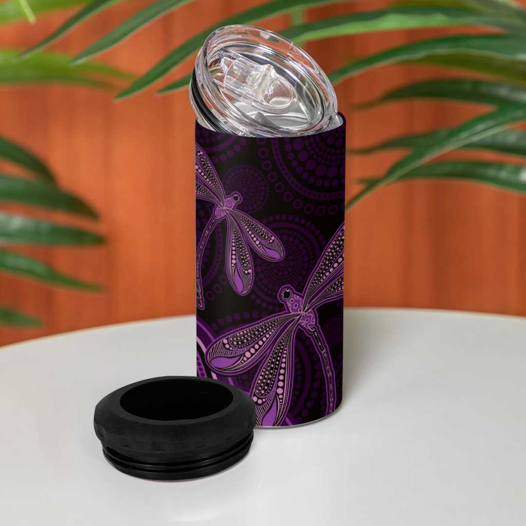 Purple Indigenous Dragonfly Australia 4 in 1 Can Cooler Tumbler Aboriginal Art - Aussie Hoodie