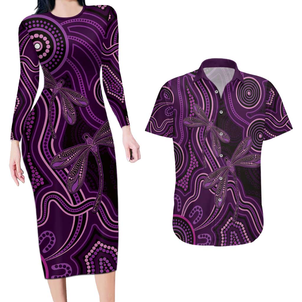 Purple Indigenous Dragonfly Australia Couples Matching Long Sleeve Bodycon Dress and Hawaiian Shirt Aboriginal Art - Aussie Hoodie