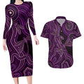 Purple Indigenous Dragonfly Australia Couples Matching Long Sleeve Bodycon Dress and Hawaiian Shirt Aboriginal Art - Aussie Hoodie