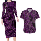 Purple Indigenous Dragonfly Australia Couples Matching Long Sleeve Bodycon Dress and Hawaiian Shirt Aboriginal Art - Aussie Hoodie