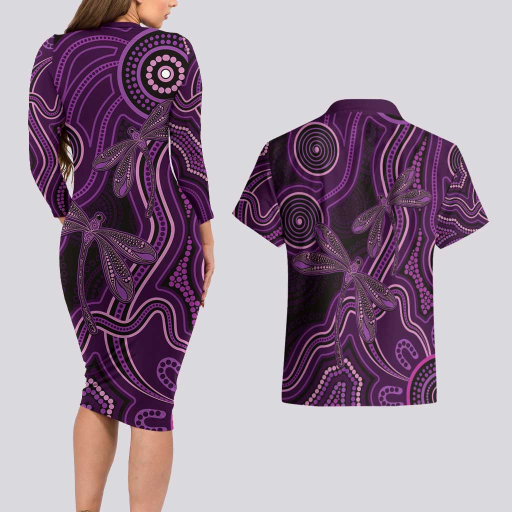 Purple Indigenous Dragonfly Australia Couples Matching Long Sleeve Bodycon Dress and Hawaiian Shirt Aboriginal Art - Aussie Hoodie