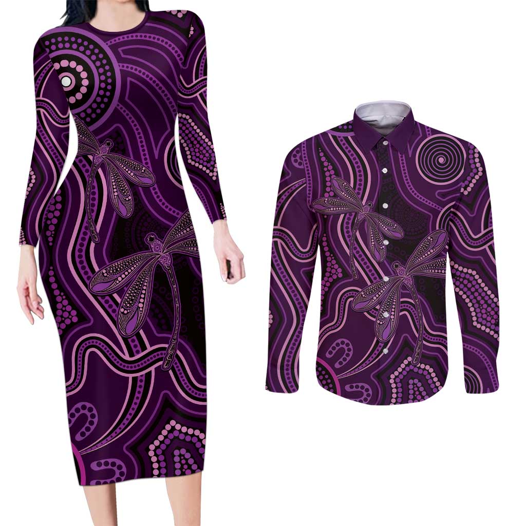 Purple Indigenous Dragonfly Australia Couples Matching Long Sleeve Bodycon Dress and Long Sleeve Button Shirt Aboriginal Art - Aussie Hoodie