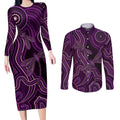 Purple Indigenous Dragonfly Australia Couples Matching Long Sleeve Bodycon Dress and Long Sleeve Button Shirt Aboriginal Art - Aussie Hoodie