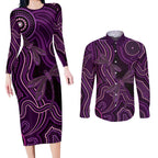 Purple Indigenous Dragonfly Australia Couples Matching Long Sleeve Bodycon Dress and Long Sleeve Button Shirt Aboriginal Art - Aussie Hoodie