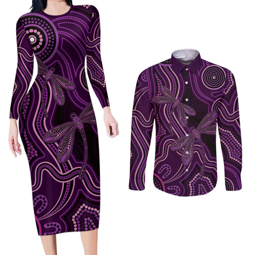 Purple Indigenous Dragonfly Australia Couples Matching Long Sleeve Bodycon Dress and Long Sleeve Button Shirt Aboriginal Art - Aussie Hoodie