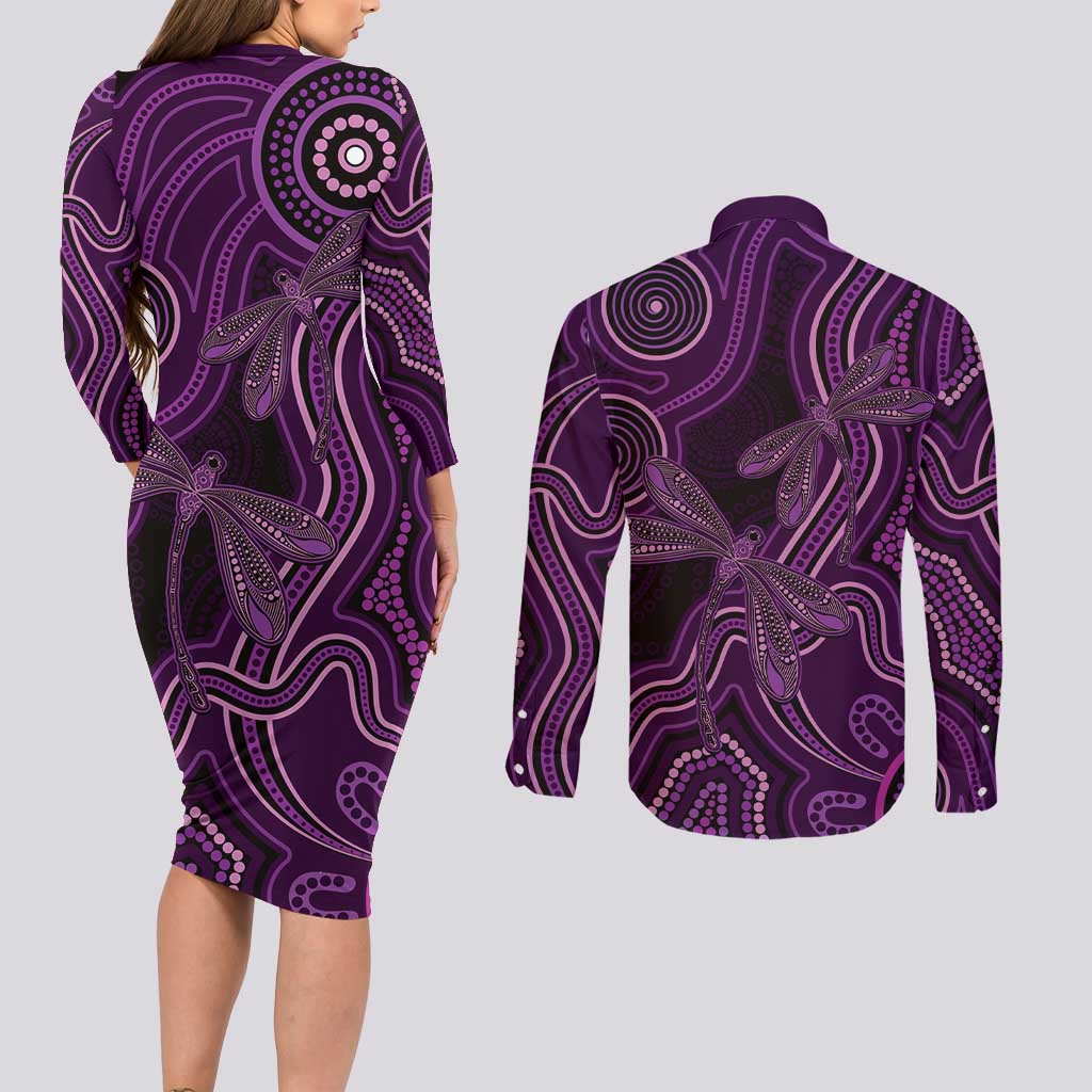 Purple Indigenous Dragonfly Australia Couples Matching Long Sleeve Bodycon Dress and Long Sleeve Button Shirt Aboriginal Art - Aussie Hoodie