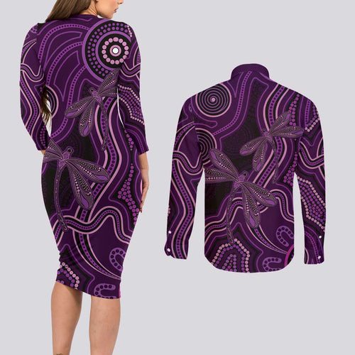 Purple Indigenous Dragonfly Australia Couples Matching Long Sleeve Bodycon Dress and Long Sleeve Button Shirt Aboriginal Art - Aussie Hoodie