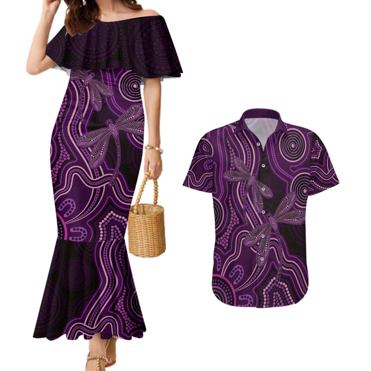 Purple Indigenous Dragonfly Australia Couples Matching Mermaid Dress and Hawaiian Shirt Aboriginal Art - Aussie Hoodie