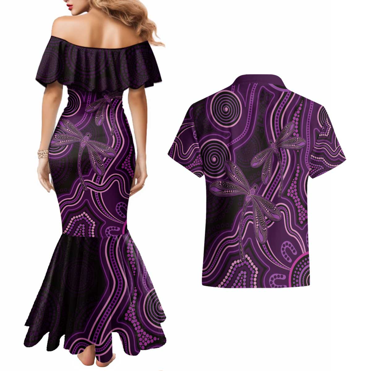 Purple Indigenous Dragonfly Australia Couples Matching Mermaid Dress and Hawaiian Shirt Aboriginal Art - Aussie Hoodie