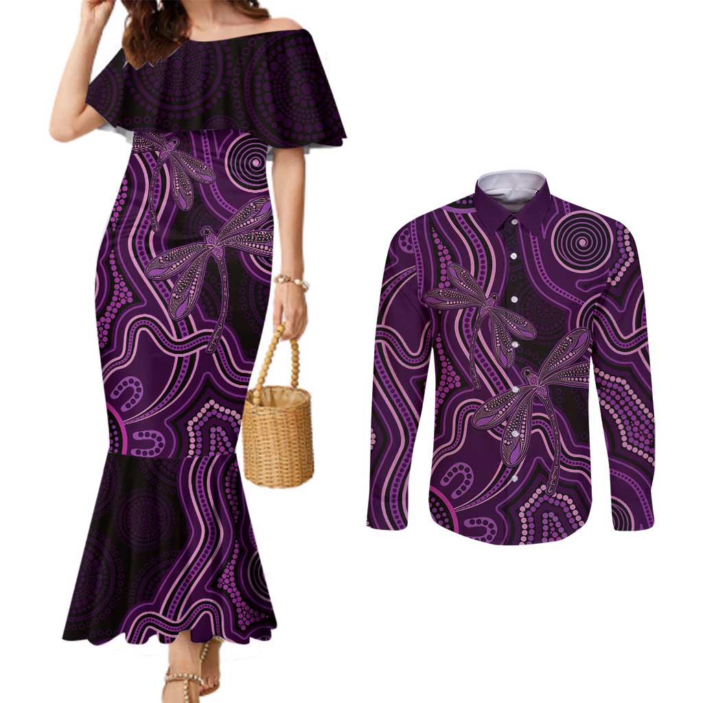 Purple Indigenous Dragonfly Australia Couples Matching Mermaid Dress and Long Sleeve Button Shirt Aboriginal Art - Aussie Hoodie