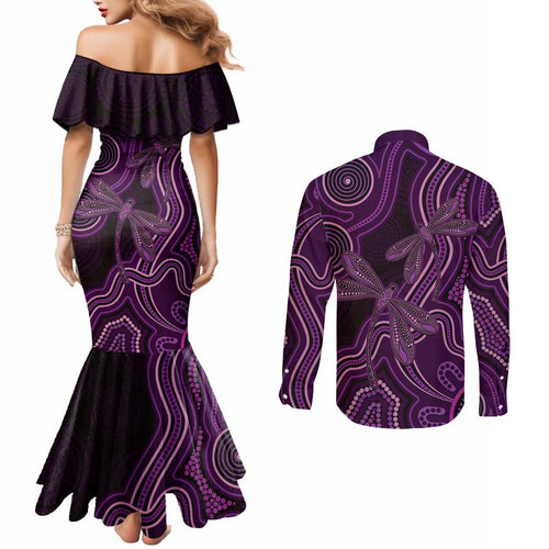 Purple Indigenous Dragonfly Australia Couples Matching Mermaid Dress and Long Sleeve Button Shirt Aboriginal Art - Aussie Hoodie
