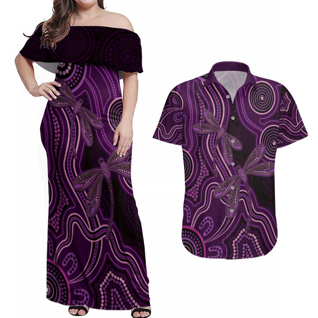 Purple Indigenous Dragonfly Australia Couples Matching Off Shoulder Maxi Dress and Hawaiian Shirt Aboriginal Art - Aussie Hoodie