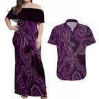 Purple Indigenous Dragonfly Australia Couples Matching Off Shoulder Maxi Dress and Hawaiian Shirt Aboriginal Art - Aussie Hoodie