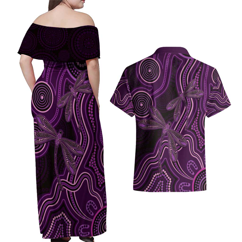 Purple Indigenous Dragonfly Australia Couples Matching Off Shoulder Maxi Dress and Hawaiian Shirt Aboriginal Art - Aussie Hoodie