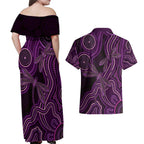 Purple Indigenous Dragonfly Australia Couples Matching Off Shoulder Maxi Dress and Hawaiian Shirt Aboriginal Art - Aussie Hoodie