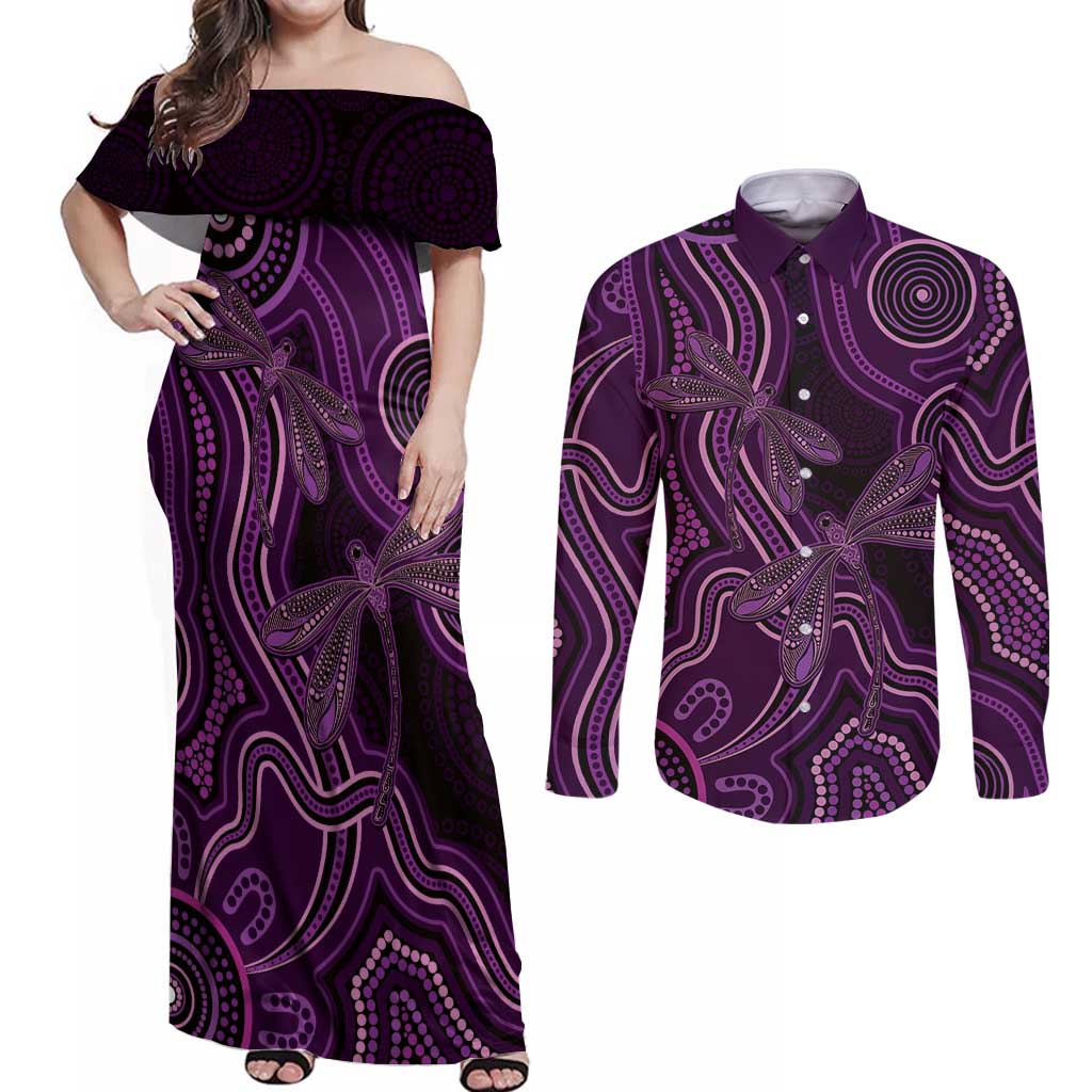 Purple Indigenous Dragonfly Australia Couples Matching Off Shoulder Maxi Dress and Long Sleeve Button Shirt Aboriginal Art - Aussie Hoodie