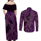 Purple Indigenous Dragonfly Australia Couples Matching Off Shoulder Maxi Dress and Long Sleeve Button Shirt Aboriginal Art - Aussie Hoodie