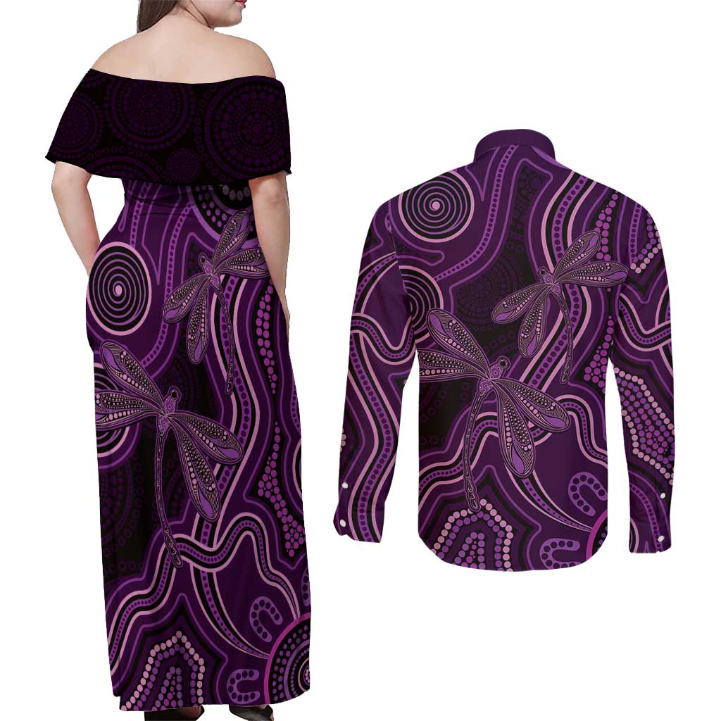Purple Indigenous Dragonfly Australia Couples Matching Off Shoulder Maxi Dress and Long Sleeve Button Shirt Aboriginal Art - Aussie Hoodie