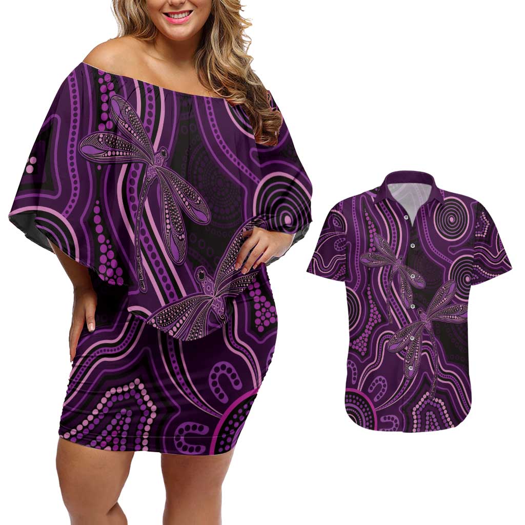 Purple Indigenous Dragonfly Australia Couples Matching Off Shoulder Short Dress and Hawaiian Shirt Aboriginal Art - Aussie Hoodie