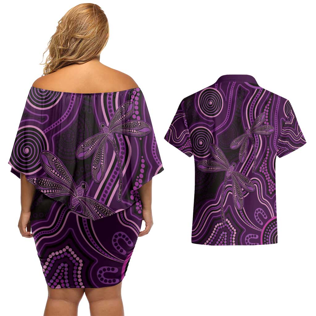 Purple Indigenous Dragonfly Australia Couples Matching Off Shoulder Short Dress and Hawaiian Shirt Aboriginal Art - Aussie Hoodie