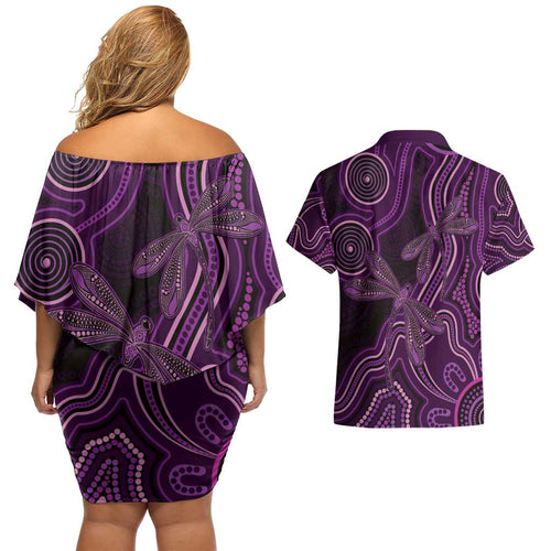 Purple Indigenous Dragonfly Australia Couples Matching Off Shoulder Short Dress and Hawaiian Shirt Aboriginal Art - Aussie Hoodie