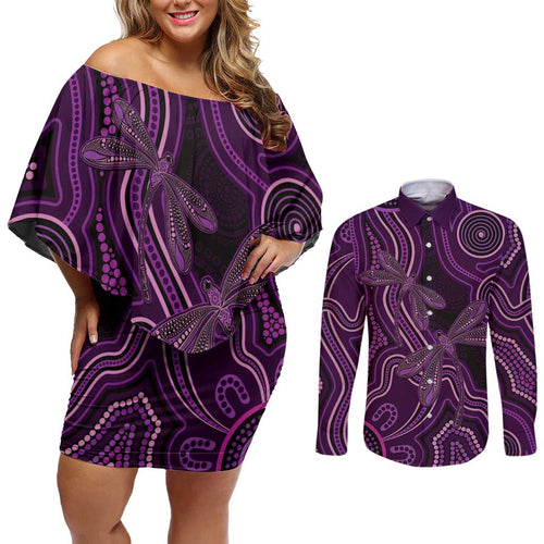 Purple Indigenous Dragonfly Australia Couples Matching Off Shoulder Short Dress and Long Sleeve Button Shirt Aboriginal Art - Aussie Hoodie