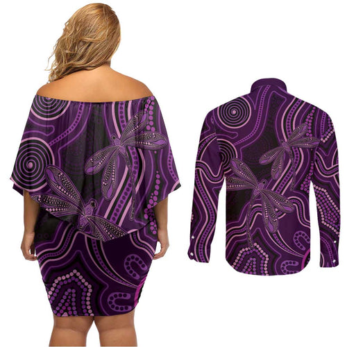 Purple Indigenous Dragonfly Australia Couples Matching Off Shoulder Short Dress and Long Sleeve Button Shirt Aboriginal Art - Aussie Hoodie