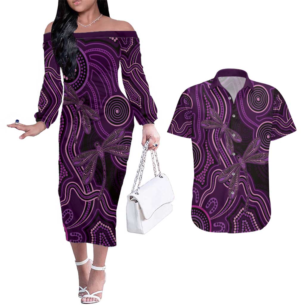 Purple Indigenous Dragonfly Australia Couples Matching Off The Shoulder Long Sleeve Dress and Hawaiian Shirt Aboriginal Art - Aussie Hoodie
