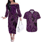 Purple Indigenous Dragonfly Australia Couples Matching Off The Shoulder Long Sleeve Dress and Hawaiian Shirt Aboriginal Art - Aussie Hoodie