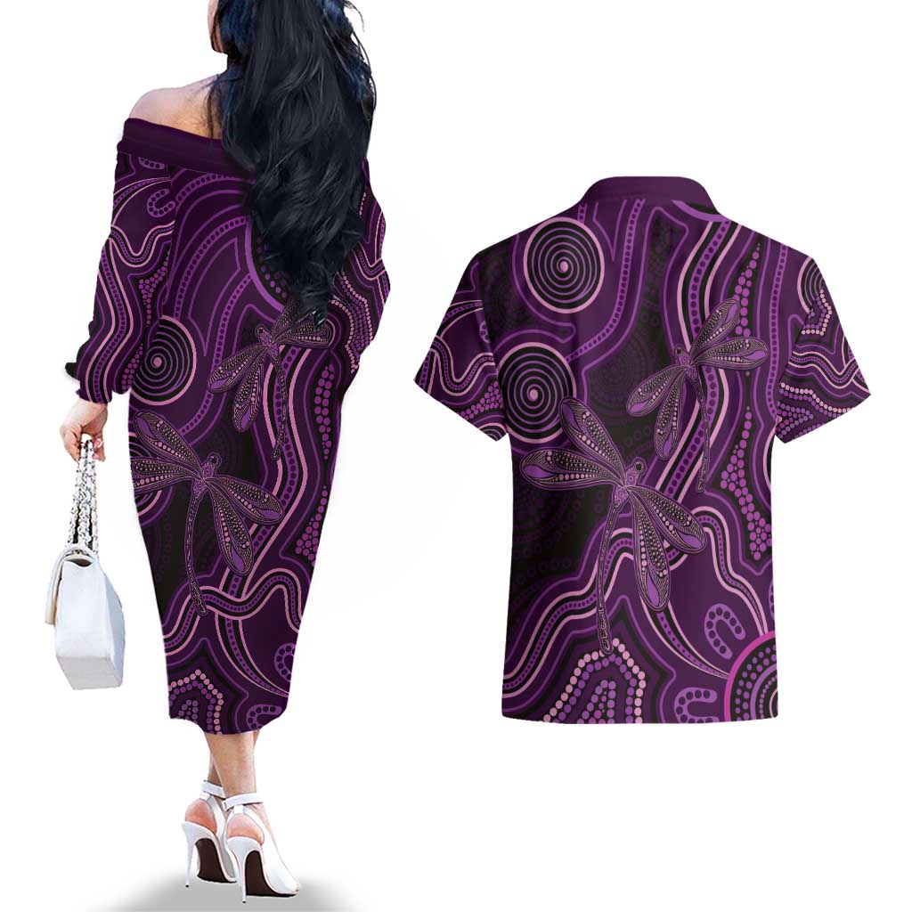 Purple Indigenous Dragonfly Australia Couples Matching Off The Shoulder Long Sleeve Dress and Hawaiian Shirt Aboriginal Art - Aussie Hoodie