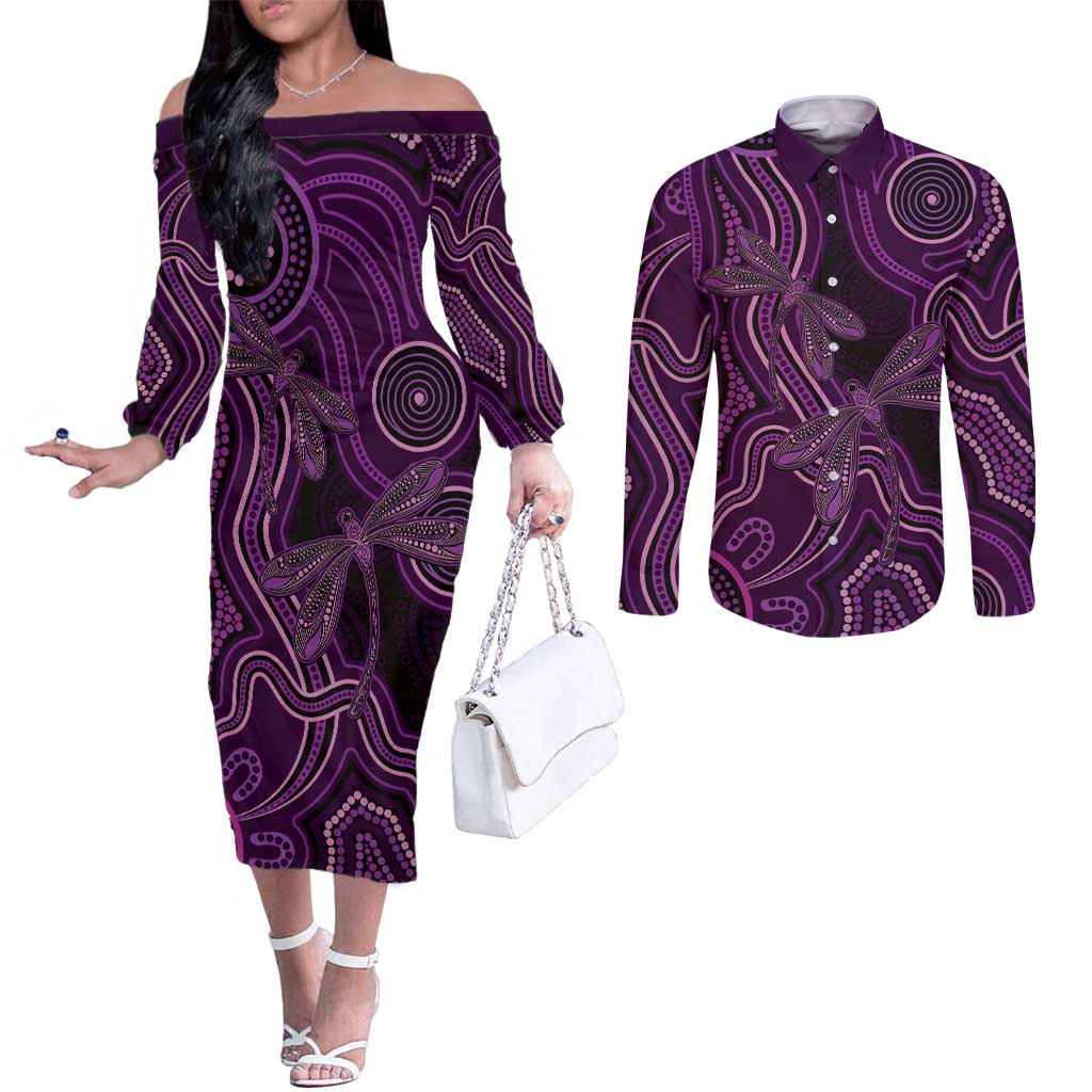 Purple Indigenous Dragonfly Australia Couples Matching Off The Shoulder Long Sleeve Dress and Long Sleeve Button Shirt Aboriginal Art - Aussie Hoodie