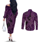 Purple Indigenous Dragonfly Australia Couples Matching Off The Shoulder Long Sleeve Dress and Long Sleeve Button Shirt Aboriginal Art - Aussie Hoodie