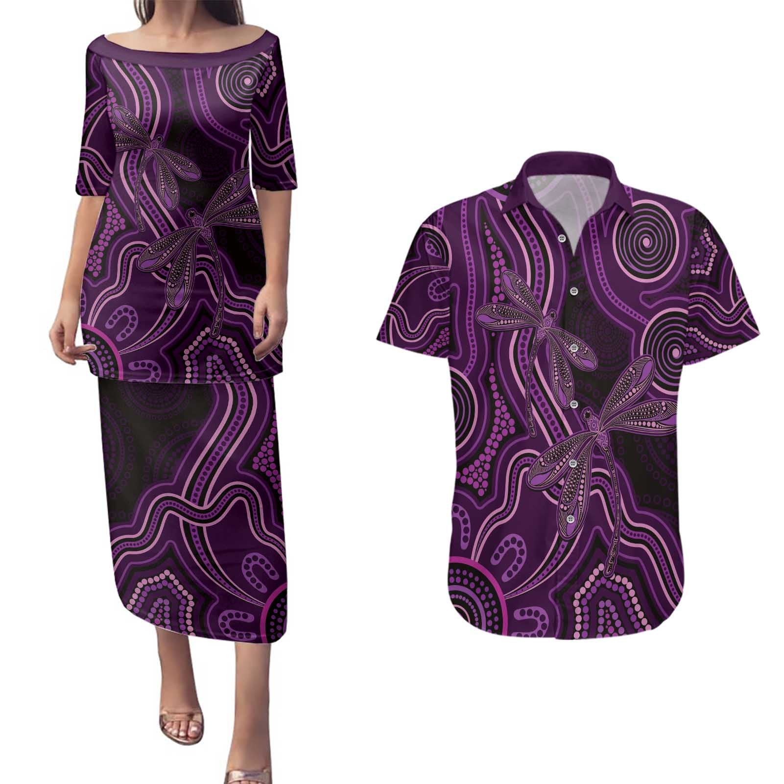 Purple Indigenous Dragonfly Australia Couples Matching Puletasi and Hawaiian Shirt Aboriginal Art - Aussie Hoodie
