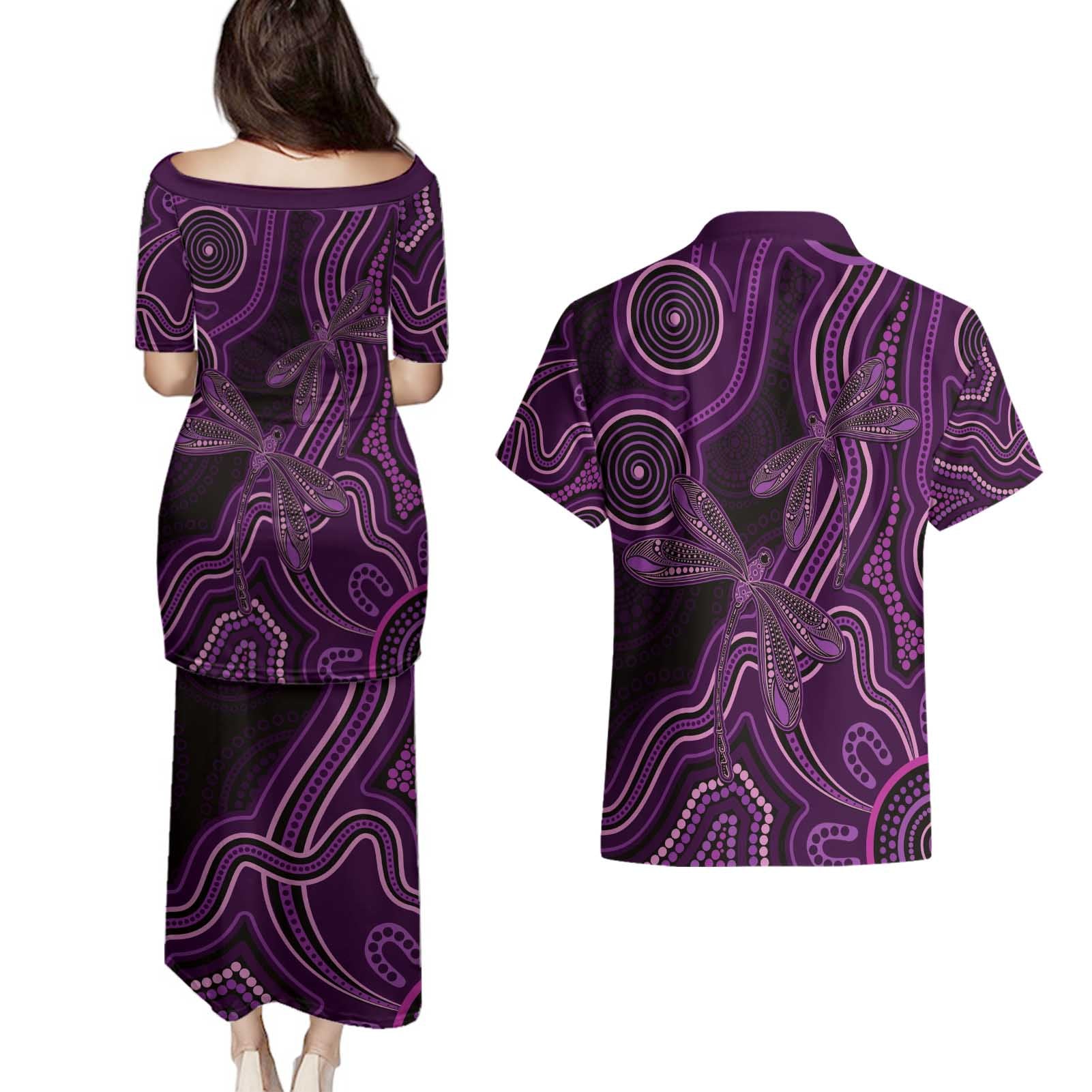 Purple Indigenous Dragonfly Australia Couples Matching Puletasi and Hawaiian Shirt Aboriginal Art - Aussie Hoodie