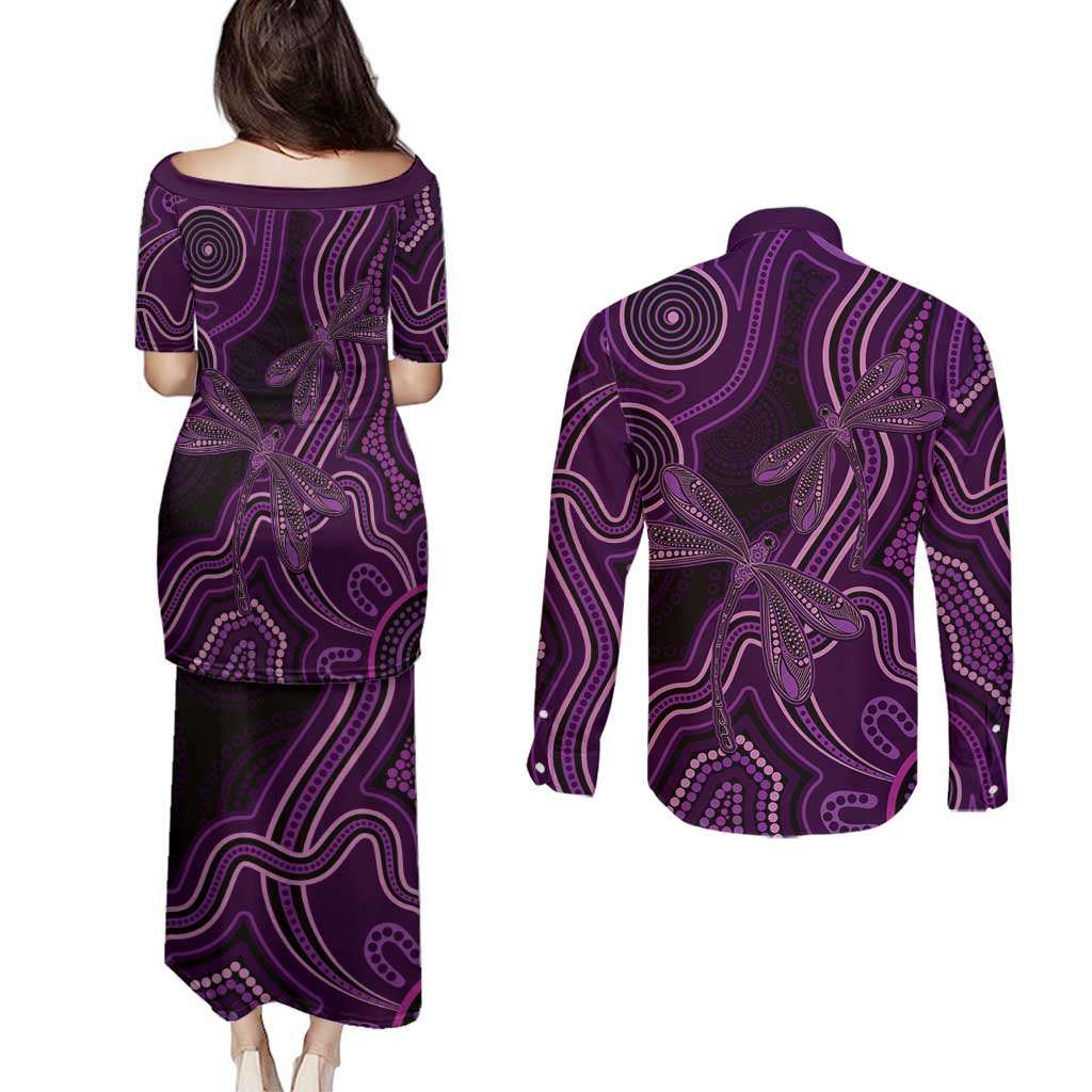 Purple Indigenous Dragonfly Australia Couples Matching Puletasi and Long Sleeve Button Shirt Aboriginal Art - Aussie Hoodie