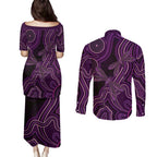 Purple Indigenous Dragonfly Australia Couples Matching Puletasi and Long Sleeve Button Shirt Aboriginal Art - Aussie Hoodie