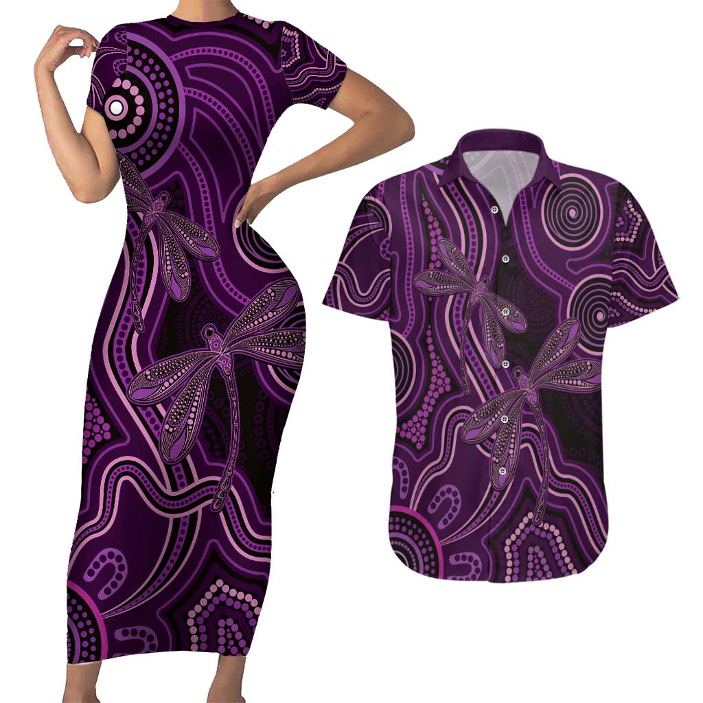 Purple Indigenous Dragonfly Australia Couples Matching Short Sleeve Bodycon Dress and Hawaiian Shirt Aboriginal Art - Aussie Hoodie