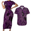 Purple Indigenous Dragonfly Australia Couples Matching Short Sleeve Bodycon Dress and Hawaiian Shirt Aboriginal Art - Aussie Hoodie