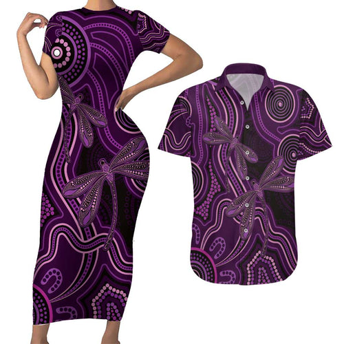 Purple Indigenous Dragonfly Australia Couples Matching Short Sleeve Bodycon Dress and Hawaiian Shirt Aboriginal Art - Aussie Hoodie