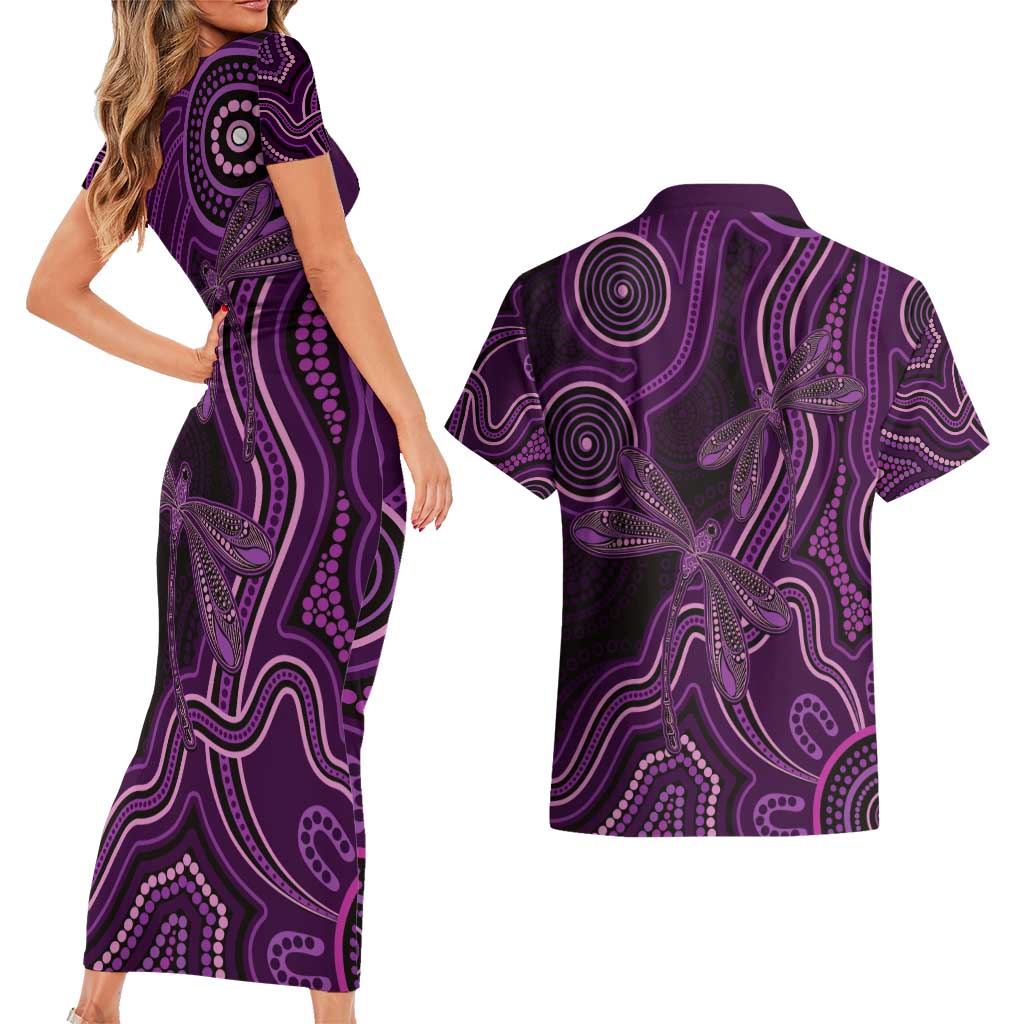 Purple Indigenous Dragonfly Australia Couples Matching Short Sleeve Bodycon Dress and Hawaiian Shirt Aboriginal Art - Aussie Hoodie