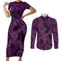 Purple Indigenous Dragonfly Australia Couples Matching Short Sleeve Bodycon Dress and Long Sleeve Button Shirt Aboriginal Art - Aussie Hoodie