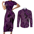 Purple Indigenous Dragonfly Australia Couples Matching Short Sleeve Bodycon Dress and Long Sleeve Button Shirt Aboriginal Art - Aussie Hoodie