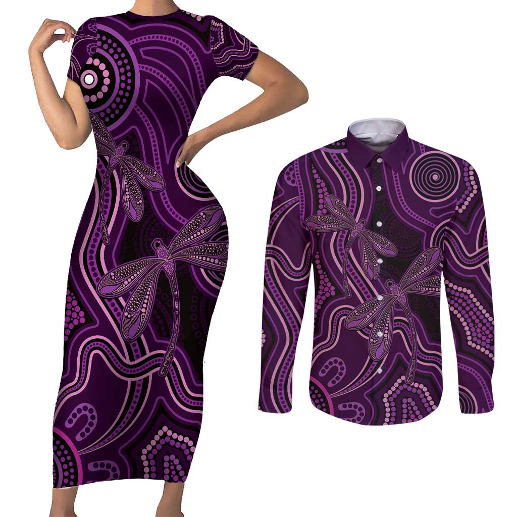 Purple Indigenous Dragonfly Australia Couples Matching Short Sleeve Bodycon Dress and Long Sleeve Button Shirt Aboriginal Art - Aussie Hoodie