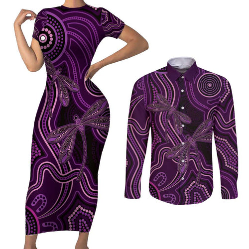 Purple Indigenous Dragonfly Australia Couples Matching Short Sleeve Bodycon Dress and Long Sleeve Button Shirt Aboriginal Art - Aussie Hoodie