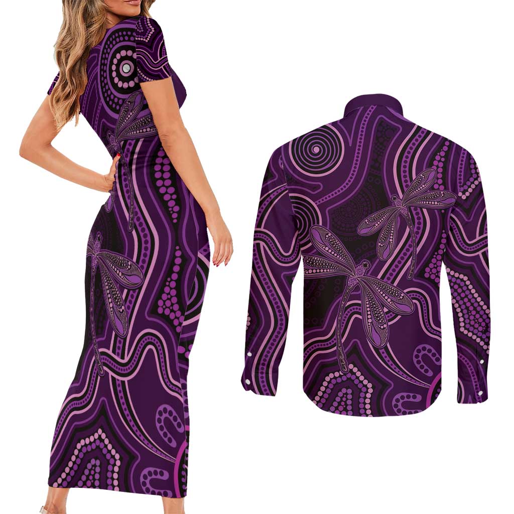 Purple Indigenous Dragonfly Australia Couples Matching Short Sleeve Bodycon Dress and Long Sleeve Button Shirt Aboriginal Art - Aussie Hoodie