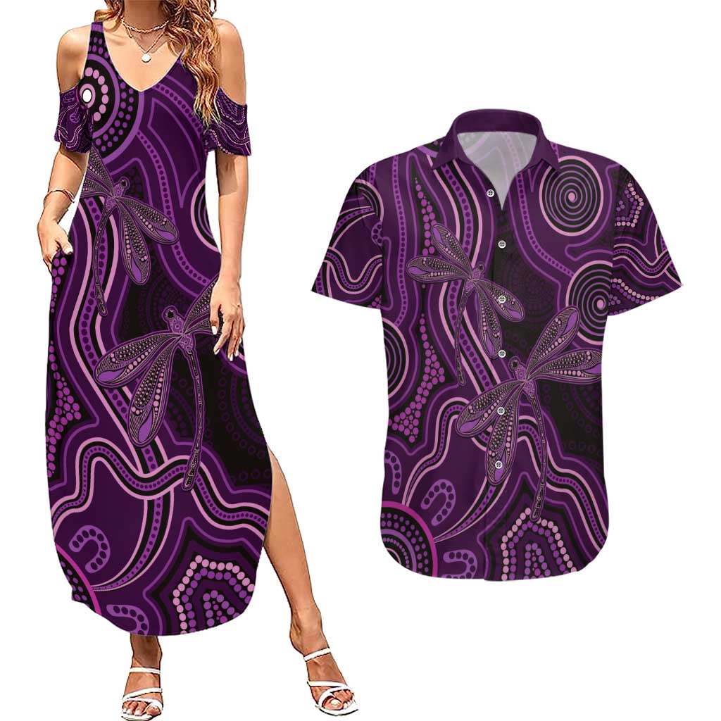 Purple Indigenous Dragonfly Australia Couples Matching Summer Maxi Dress and Hawaiian Shirt Aboriginal Art - Aussie Hoodie